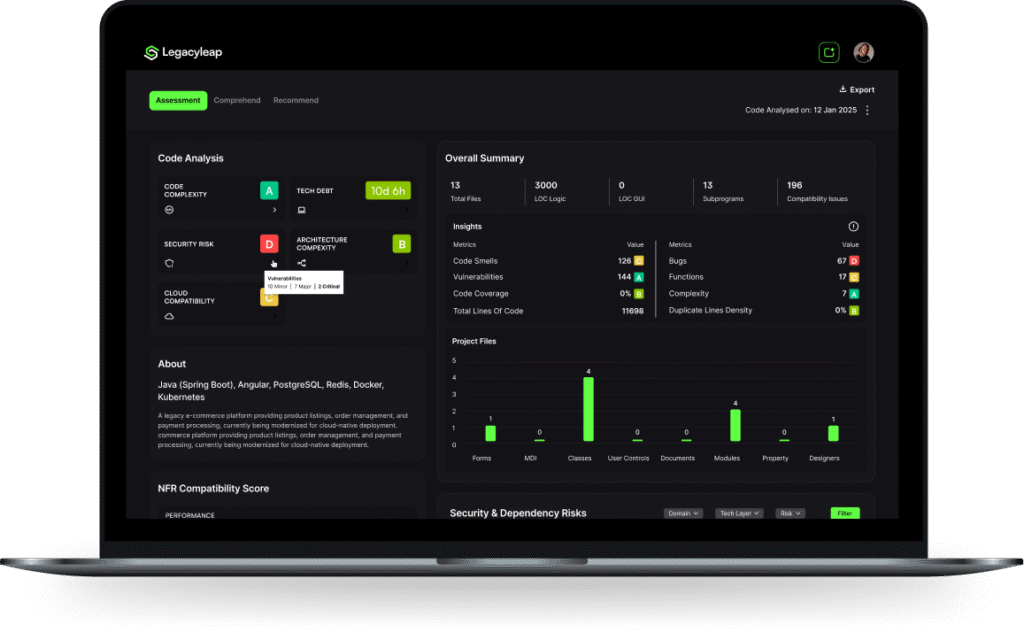 Legacyleap platform with code analysis, dependency visualization, and modernization summary.